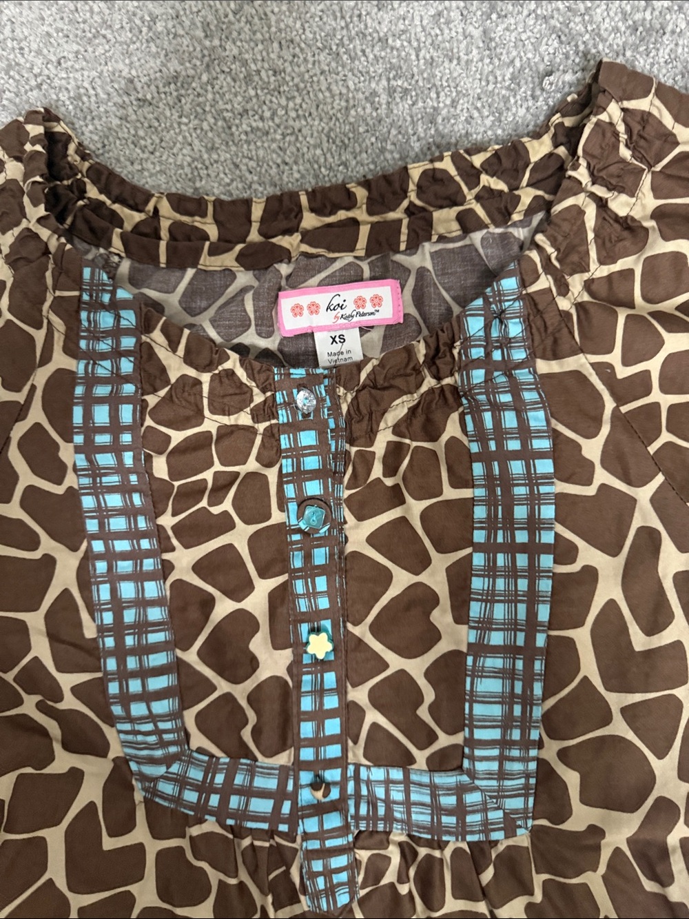 Koi by Kathy Peterson Brown & Turquoise Giraffe Print Women's Top and scrub pant